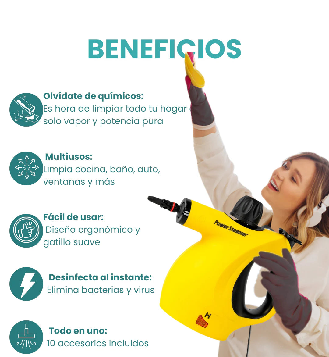 Limpieza profunda y sin químicos en solo minutos, con la potencia del vapor.